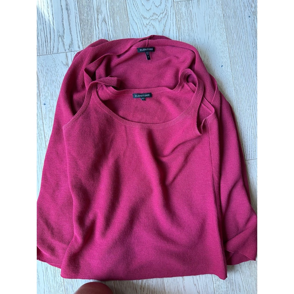 Eileen Fisher Italian Yarn Knit Tank and Open Front Cardigan Set Raspberry XS